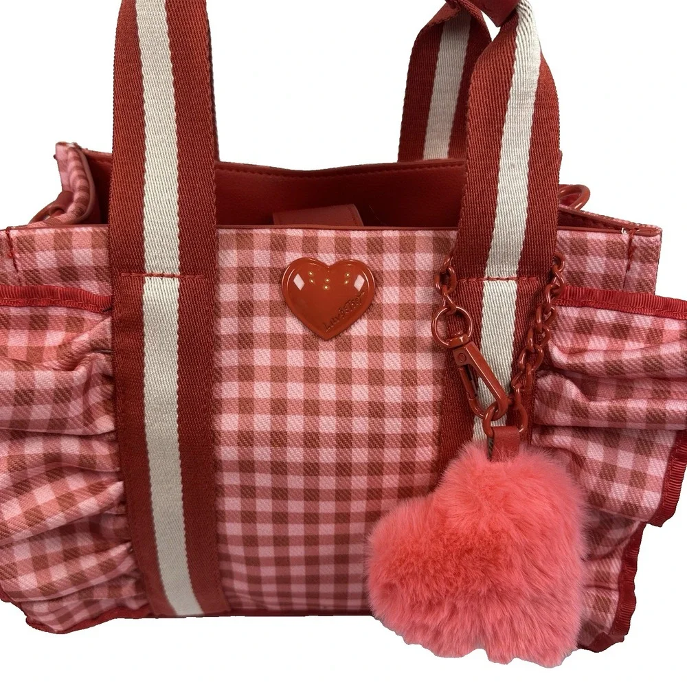 Betsey Johnson Pink Red Gingham LB Ruffle Tote Bag Heart Charm Crossbody NWT